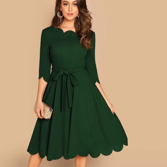 Scalloped midi dress quarter long sleeve belted - Picture 5 of 8